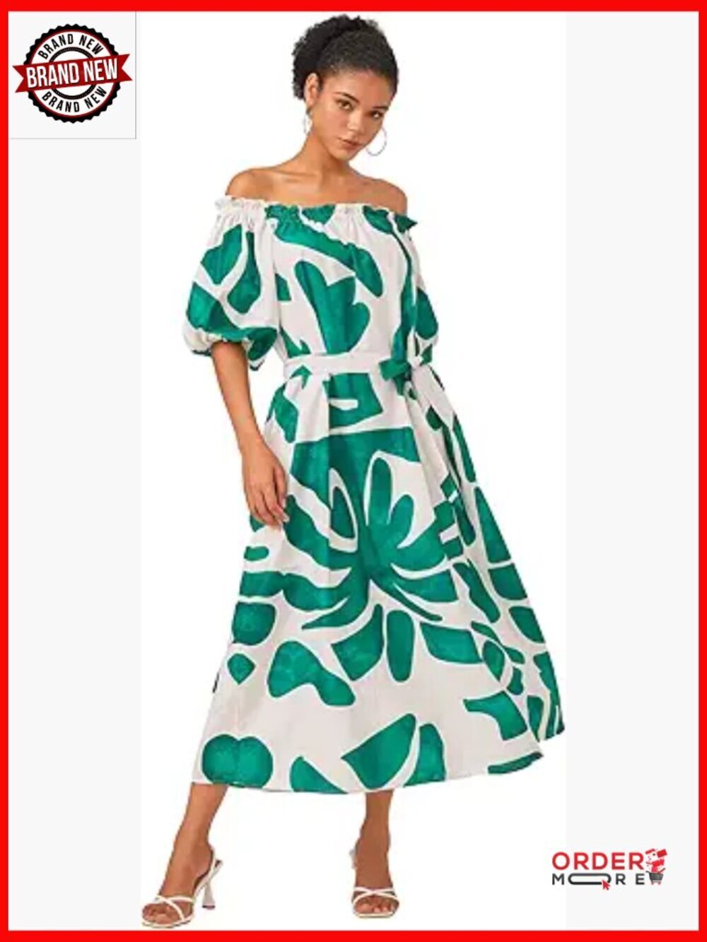 Off Shoulder Belted Maxi Dress Puff Sleeve Flowy Loose with Pockets